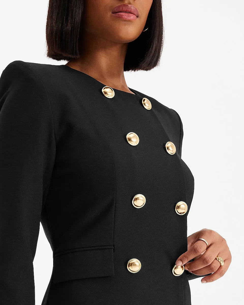 Novelty Button Padded Shoulder Mini Blazer Dress in Pitch Black