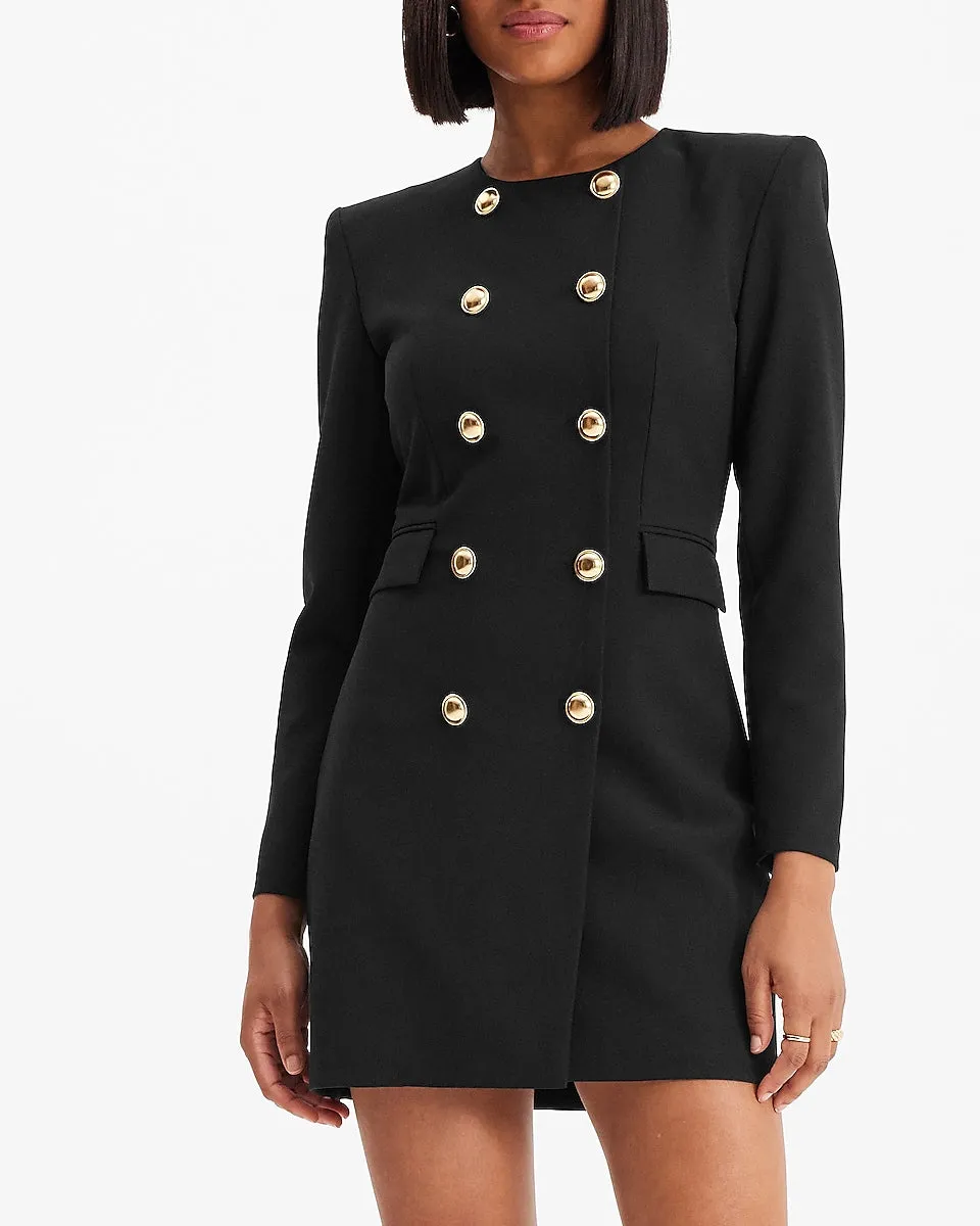 Novelty Button Padded Shoulder Mini Blazer Dress in Pitch Black