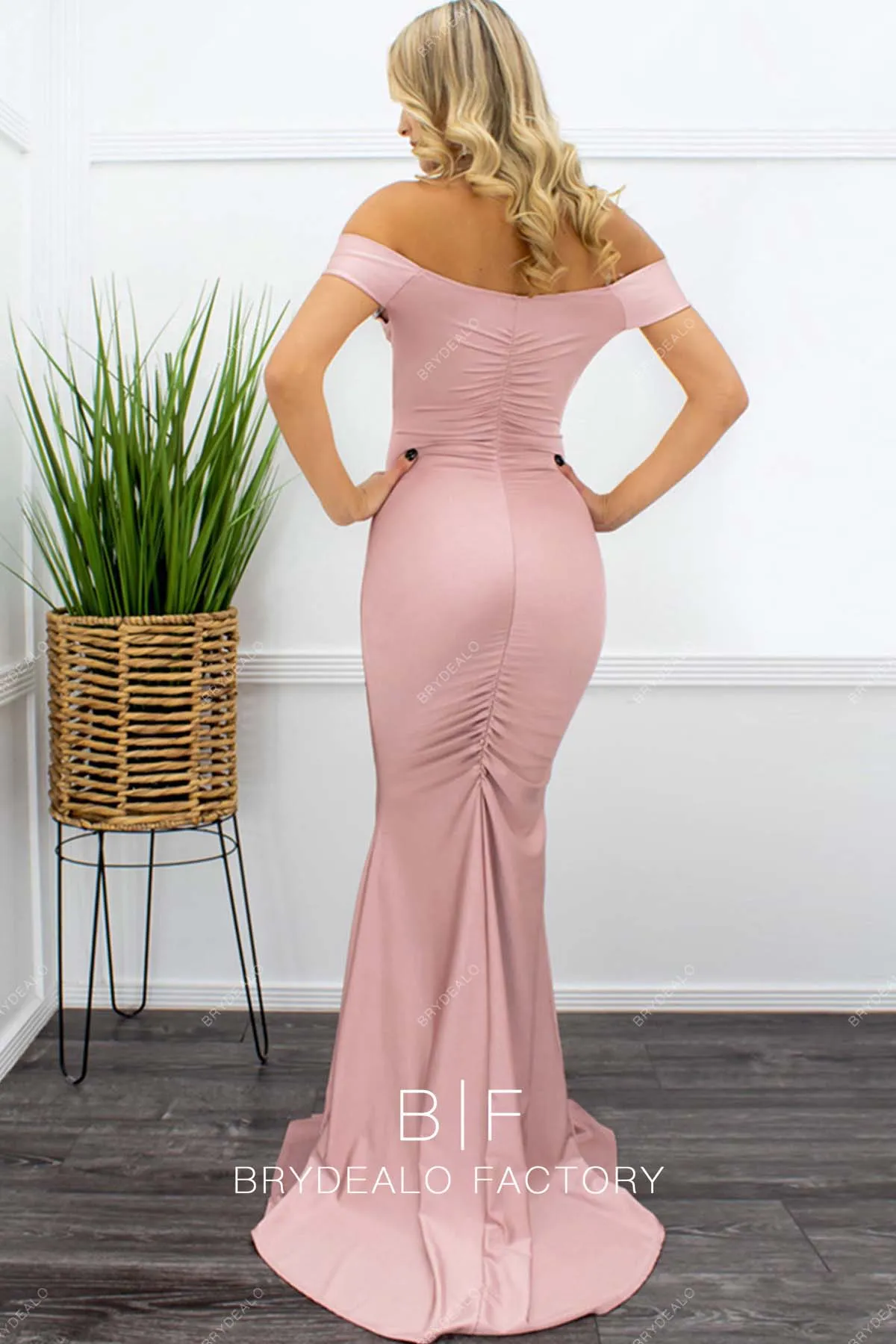 Nude Pink Off Shoulder Ruched Jersey Slit Mermaid Dress