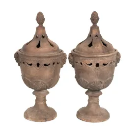 Pair of Italian Tuscany Terracotta Braziers or Garden Urns with Lids on Pedestal Bases