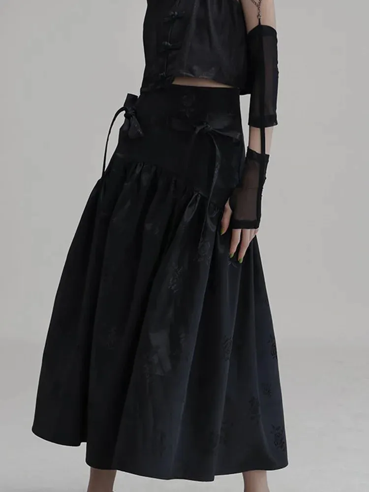 Patchwork Bowknot Midi Skirt For Women High Waist A Line Solid Streetwear Long Skirts Female Clothing Summer