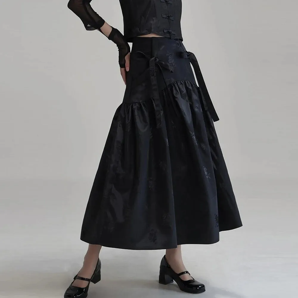 Patchwork Bowknot Midi Skirt For Women High Waist A Line Solid Streetwear Long Skirts Female Clothing Summer