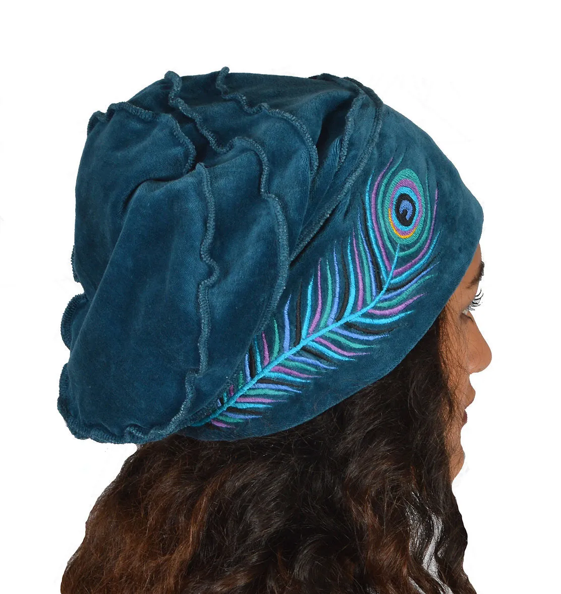 Peacock Feather Embroidered Cotton Velvet Slouch Hat