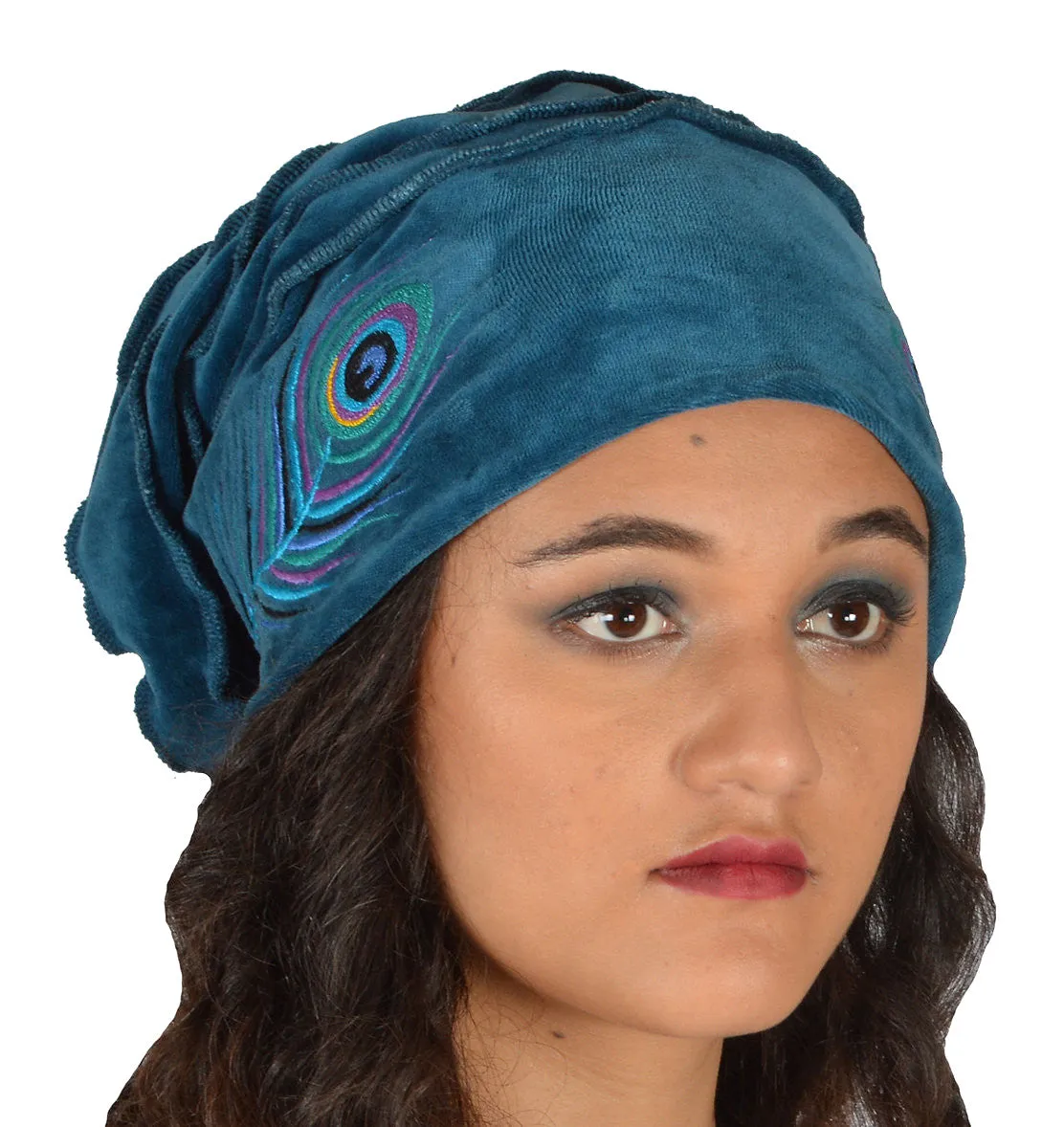 Peacock Feather Embroidered Cotton Velvet Slouch Hat