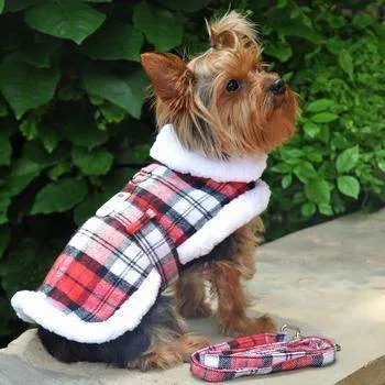 Plaid Fur-Trimmed Harness Coat - Red