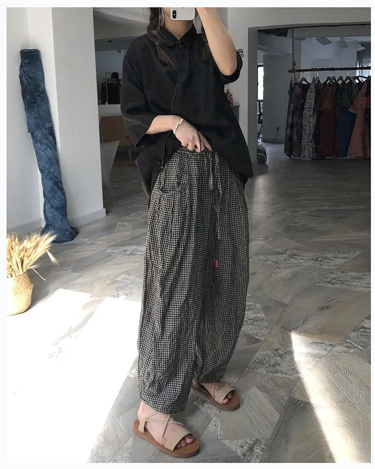 Plaid Linen Summer Wide Leg Pants Autumn Women Casual Pants PZ97261