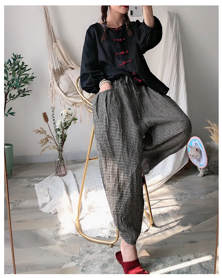 Plaid Linen Summer Wide Leg Pants Autumn Women Casual Pants PZ97261