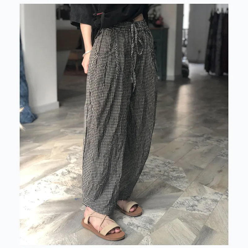 Plaid Linen Summer Wide Leg Pants Autumn Women Casual Pants PZ97261