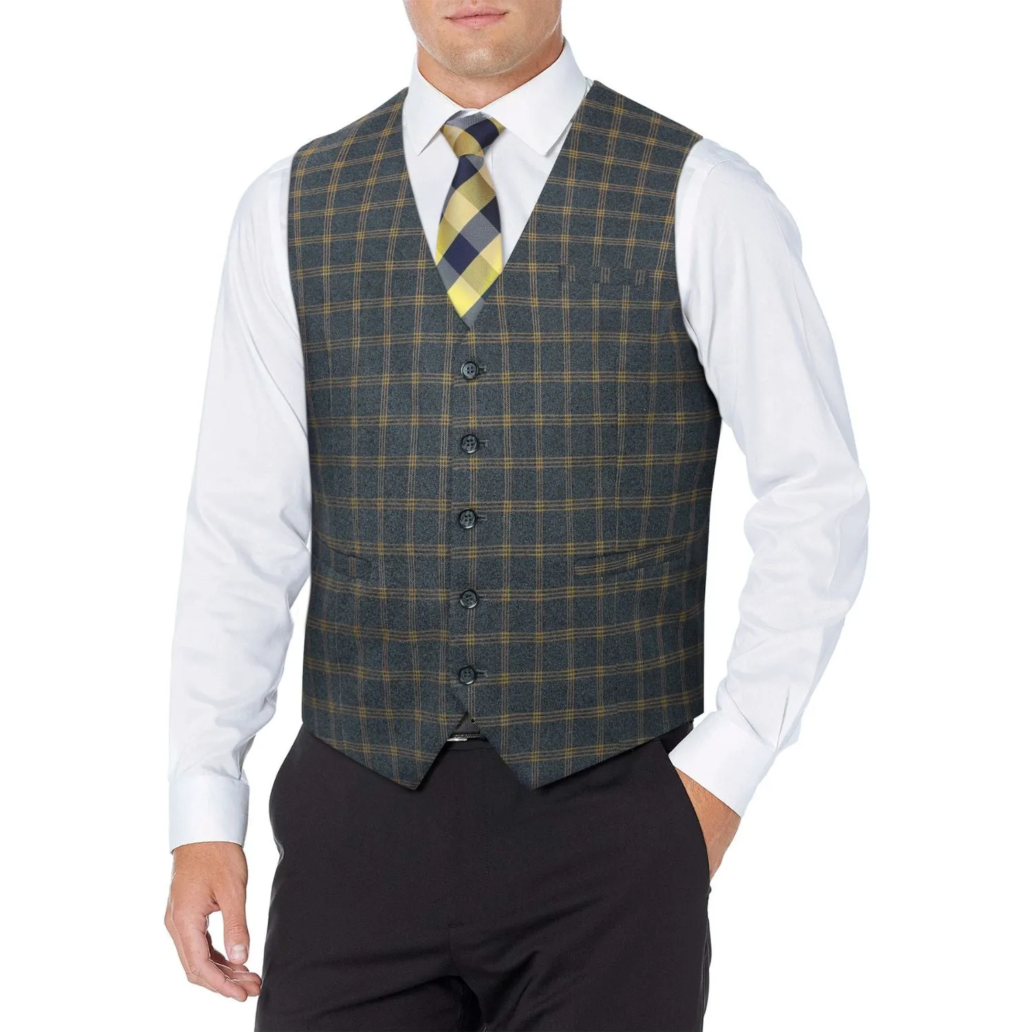 Plaid Slim Suit Vest - B-DARK GREY