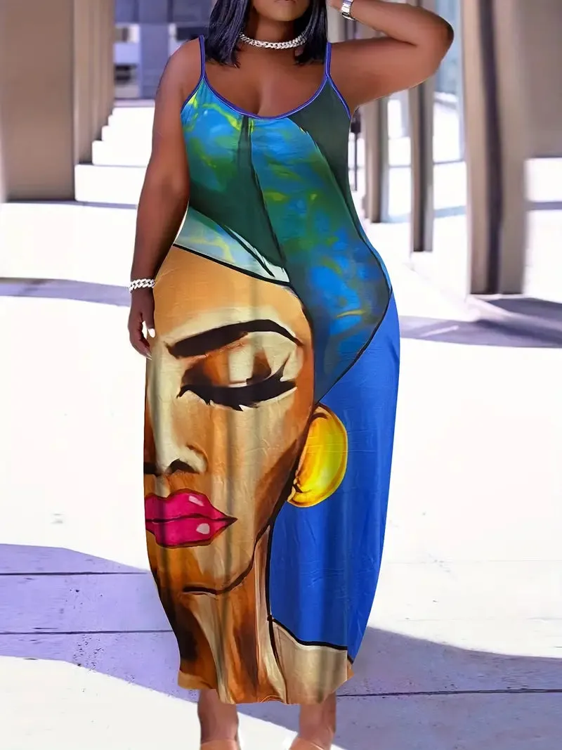 Plus Exotic Blue Nubian Lady Portrait Maxi Dress