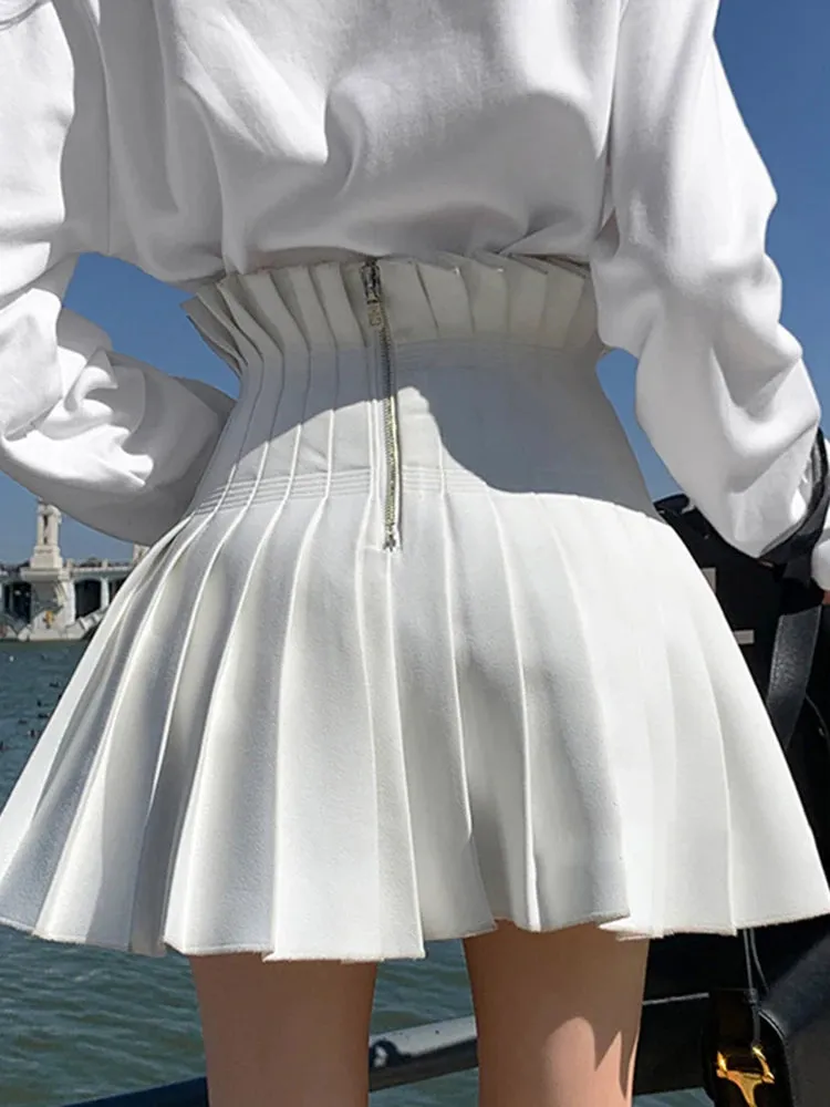 Preppy Style Ruched Mini Skirt For Women High Waist Patchwork Zipper Solid Pleated Skirts Female Clothing Fashion