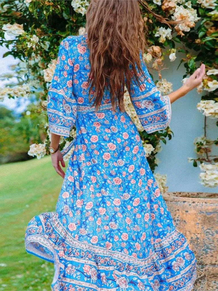 Print Boho Maxi V-Neck with Tie Hippie Chic Women  Casual Long Sleeve Autumn Dress