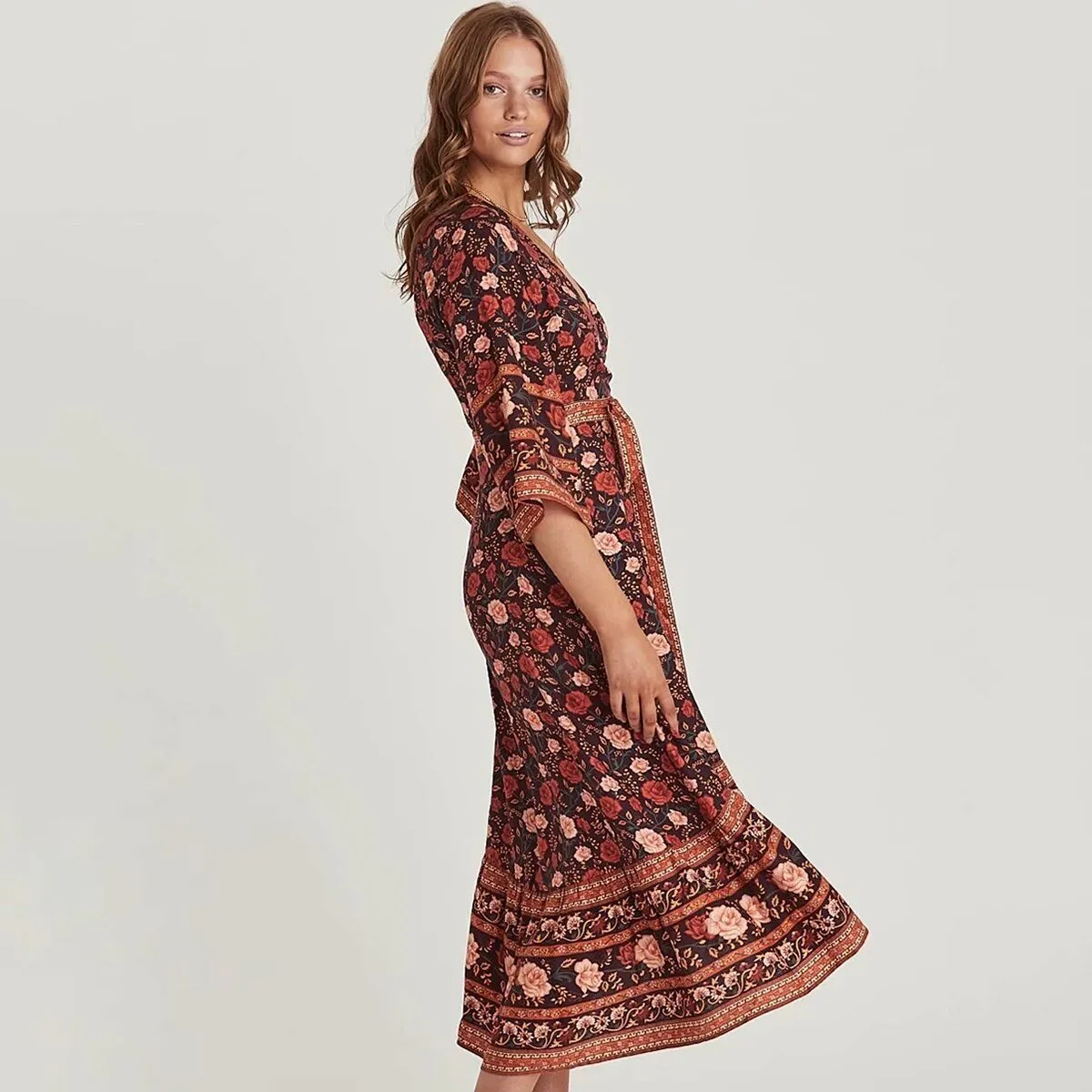 Print Boho Maxi V-Neck with Tie Hippie Chic Women  Casual Long Sleeve Autumn Dress