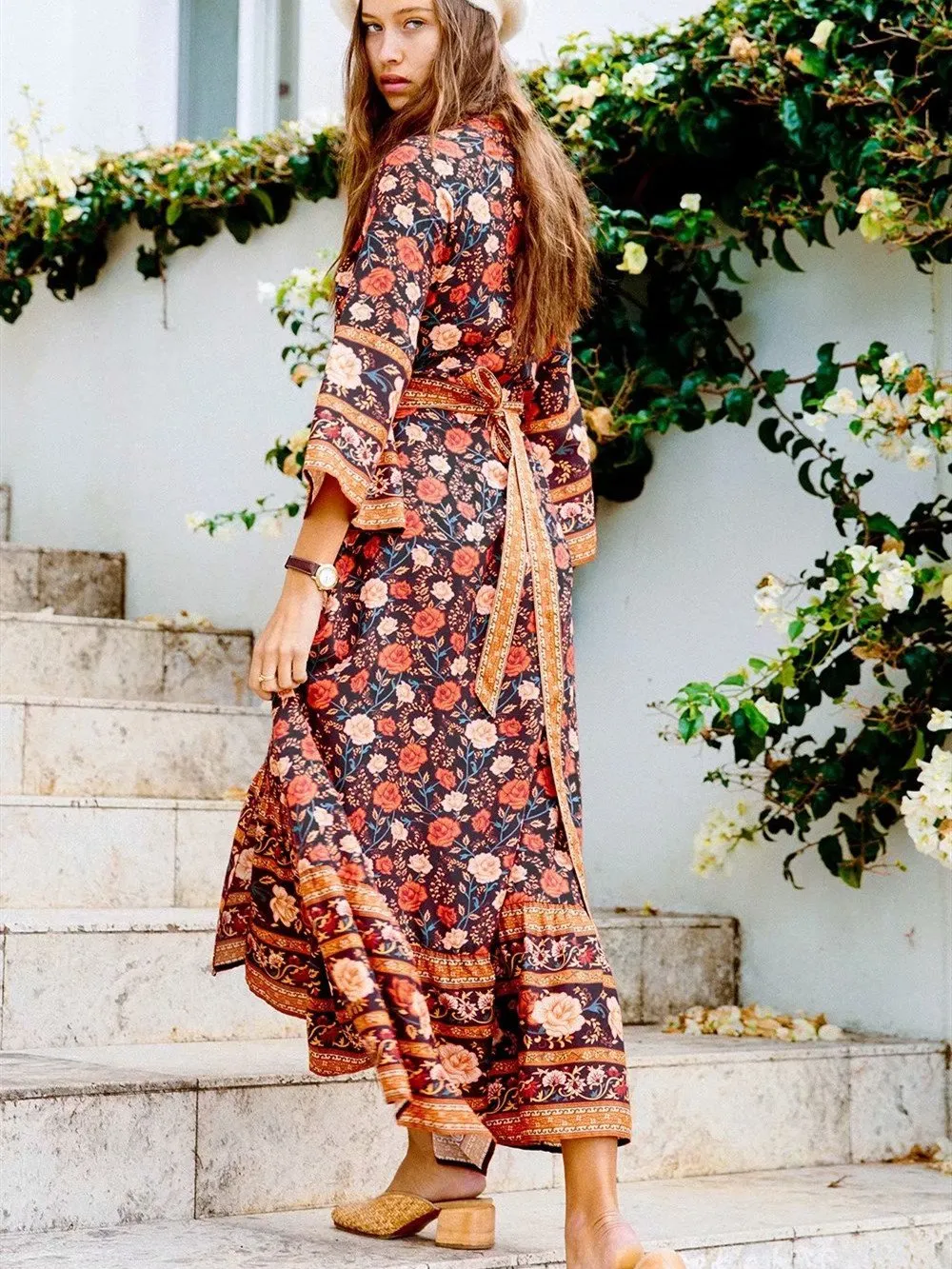 Print Boho Maxi V-Neck with Tie Hippie Chic Women  Casual Long Sleeve Autumn Dress