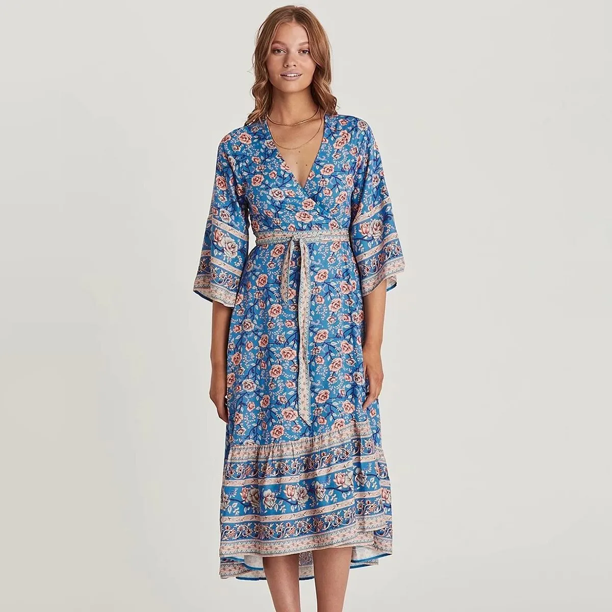 Print Boho Maxi V-Neck with Tie Hippie Chic Women  Casual Long Sleeve Autumn Dress