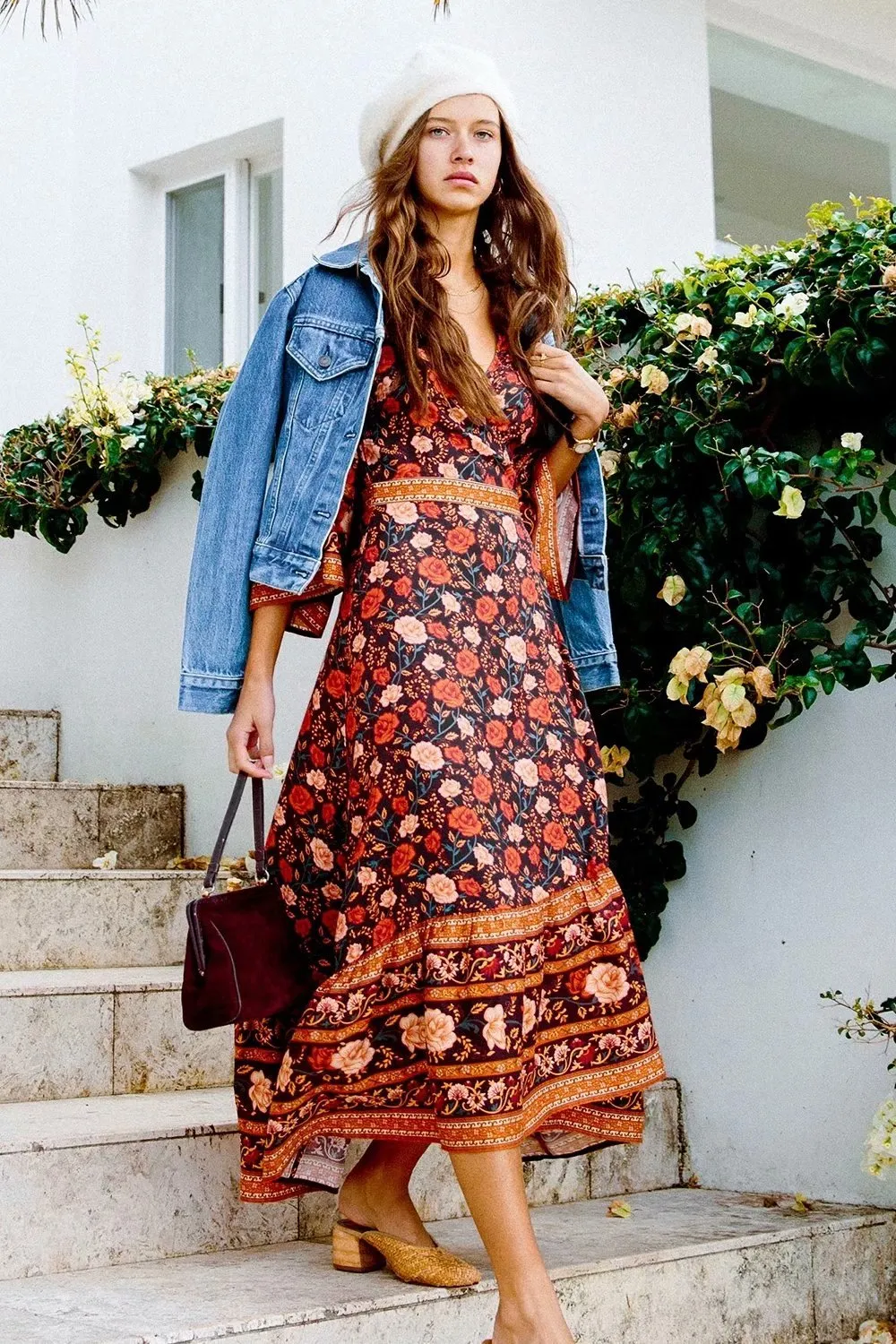 Print Boho Maxi V-Neck with Tie Hippie Chic Women  Casual Long Sleeve Autumn Dress