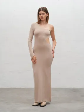 PROPRIANO - Robe longue ajustée asymétrique et ajourée en laine mérinos Oeko Tex Beige