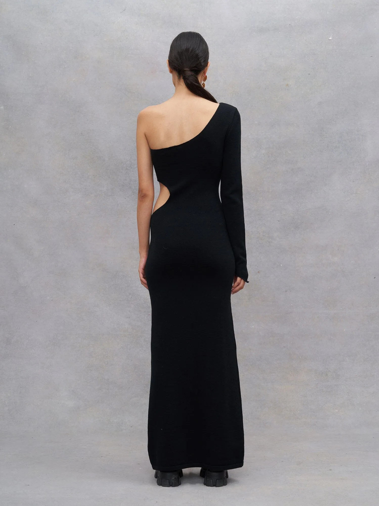 PROPRIANO - Robe longue ajustée asymétrique et ajourée en laine mérinos Oeko Tex Noir