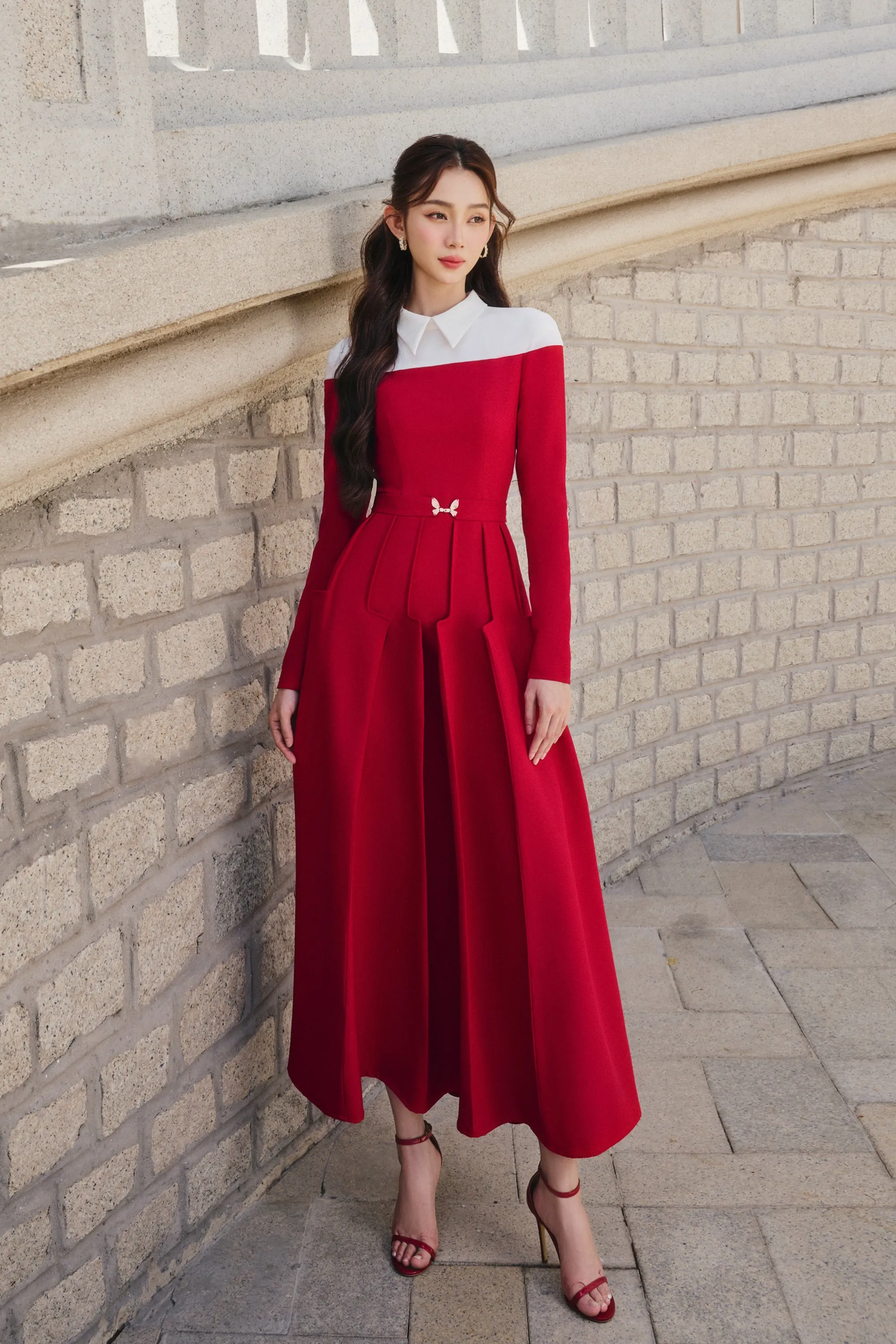 Rossa A-line Collared Neck Cotton Polyester Midi Dress