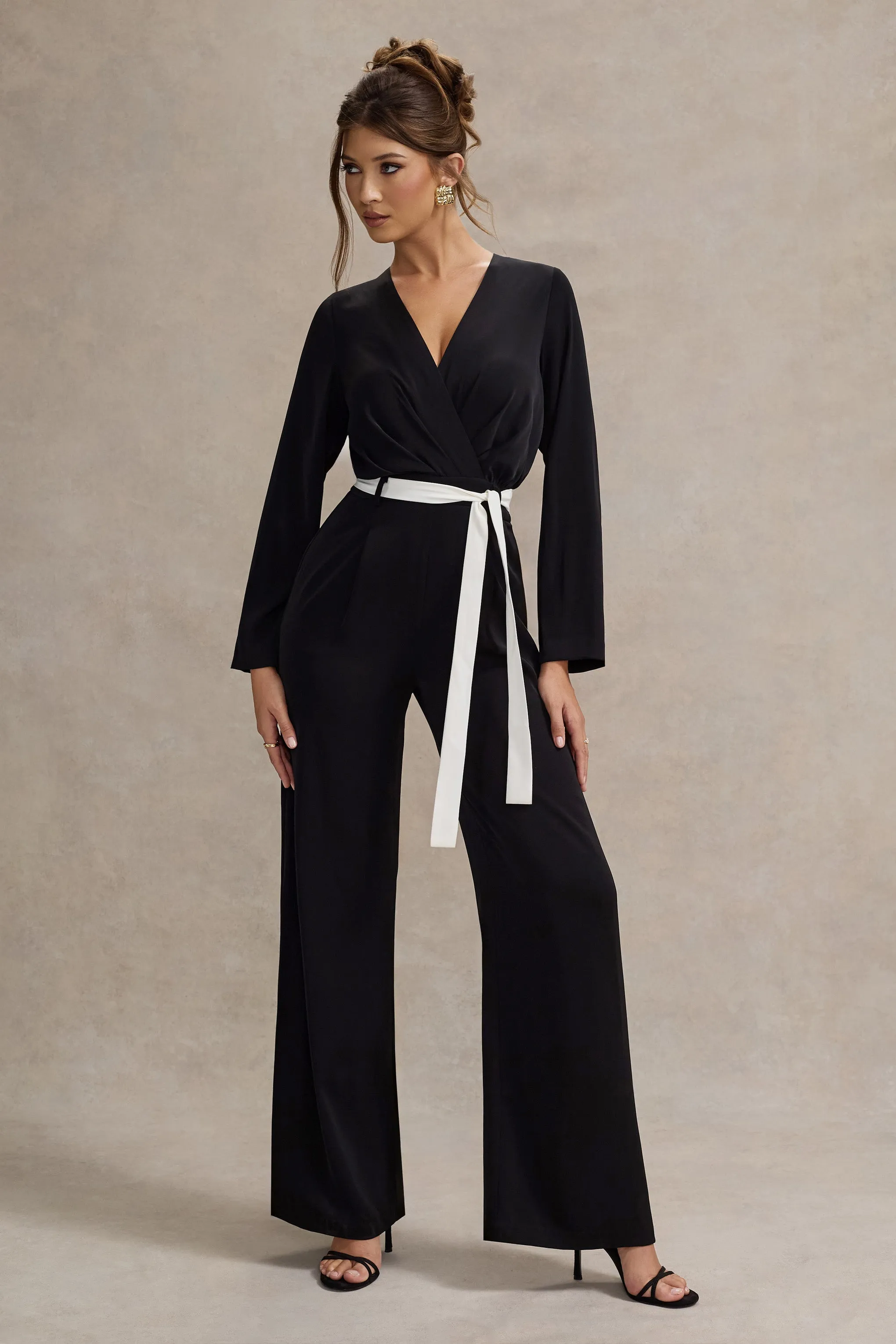 Ruba | Black Tailored Plunge Jumpsuit With Tie Waist