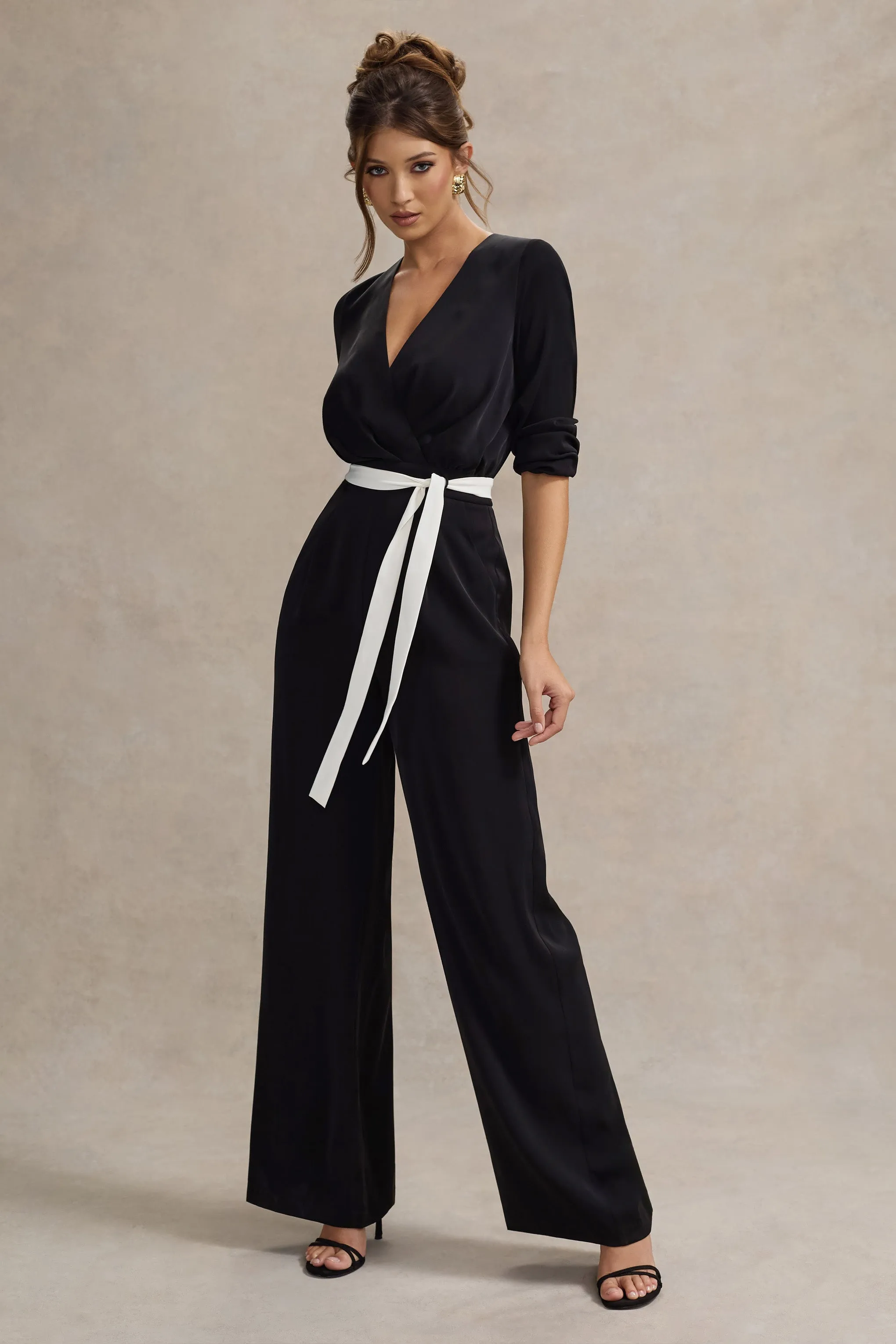 Ruba | Black Tailored Plunge Jumpsuit With Tie Waist