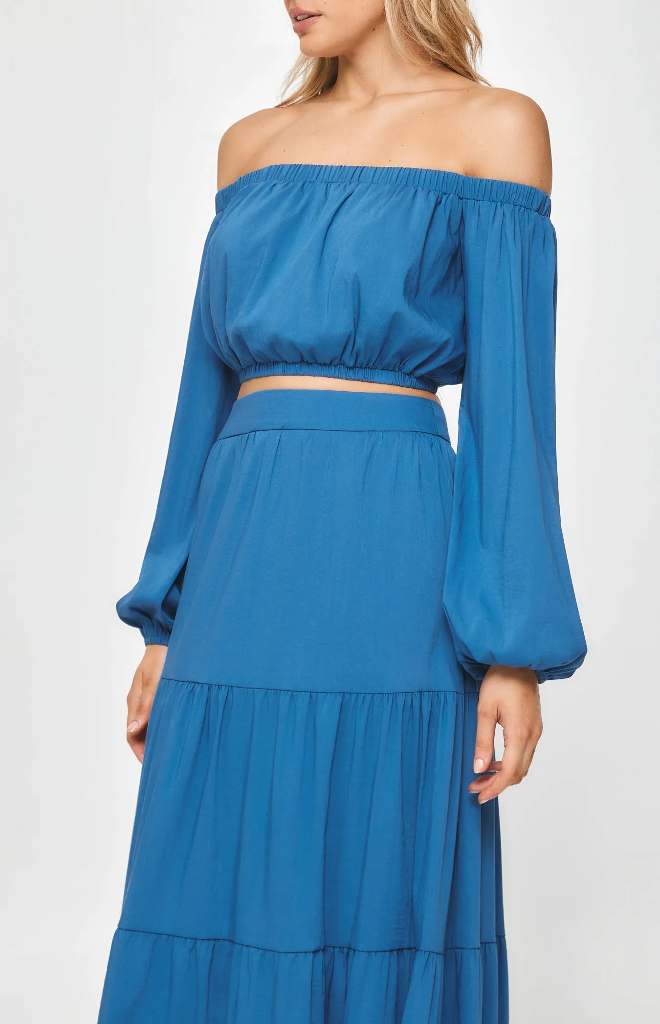 Set with Off the Shoulder Top and Tiered Maxi Skirt