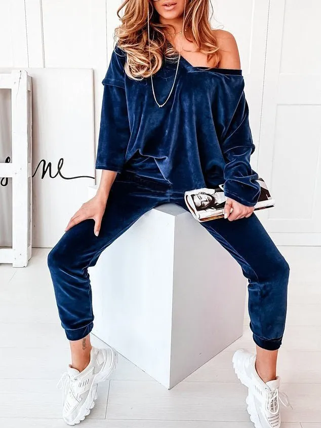 Sets Corduroy Long Sleeve Top & Pants Two Piece Set for Women