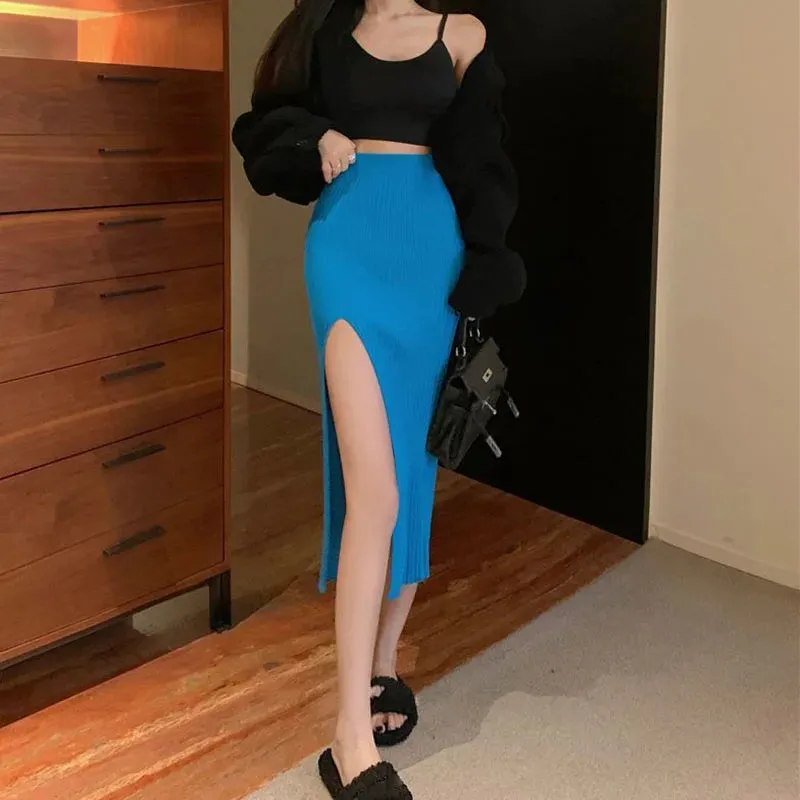 Sexy Elegant Slim Fit High-Waisted Knitted Trendy Chic Autumn Winter Midi Skirt