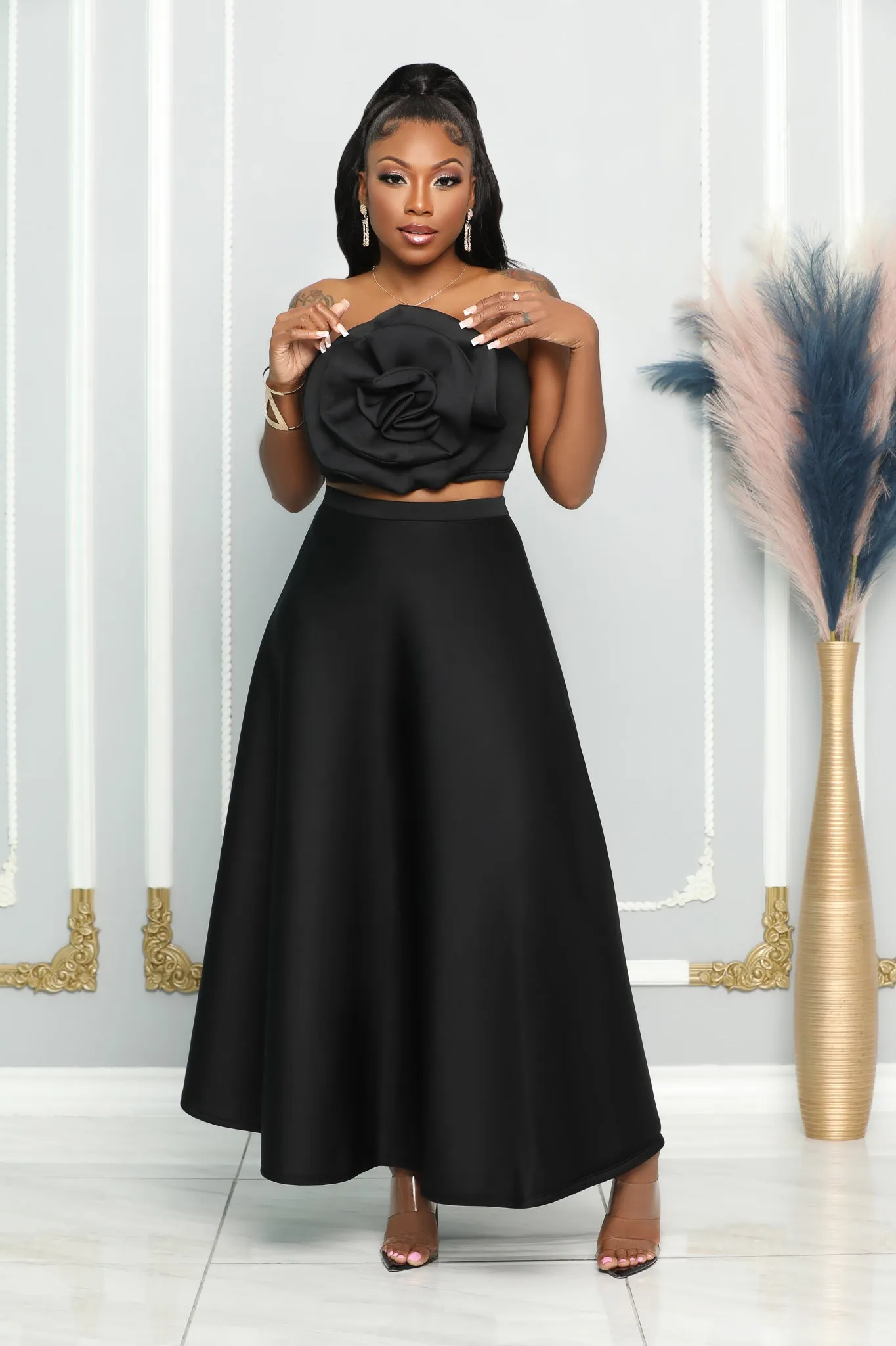 SOLID HIGH WAIST A-LINE FLARED MAXI SKIRT (BLACK)