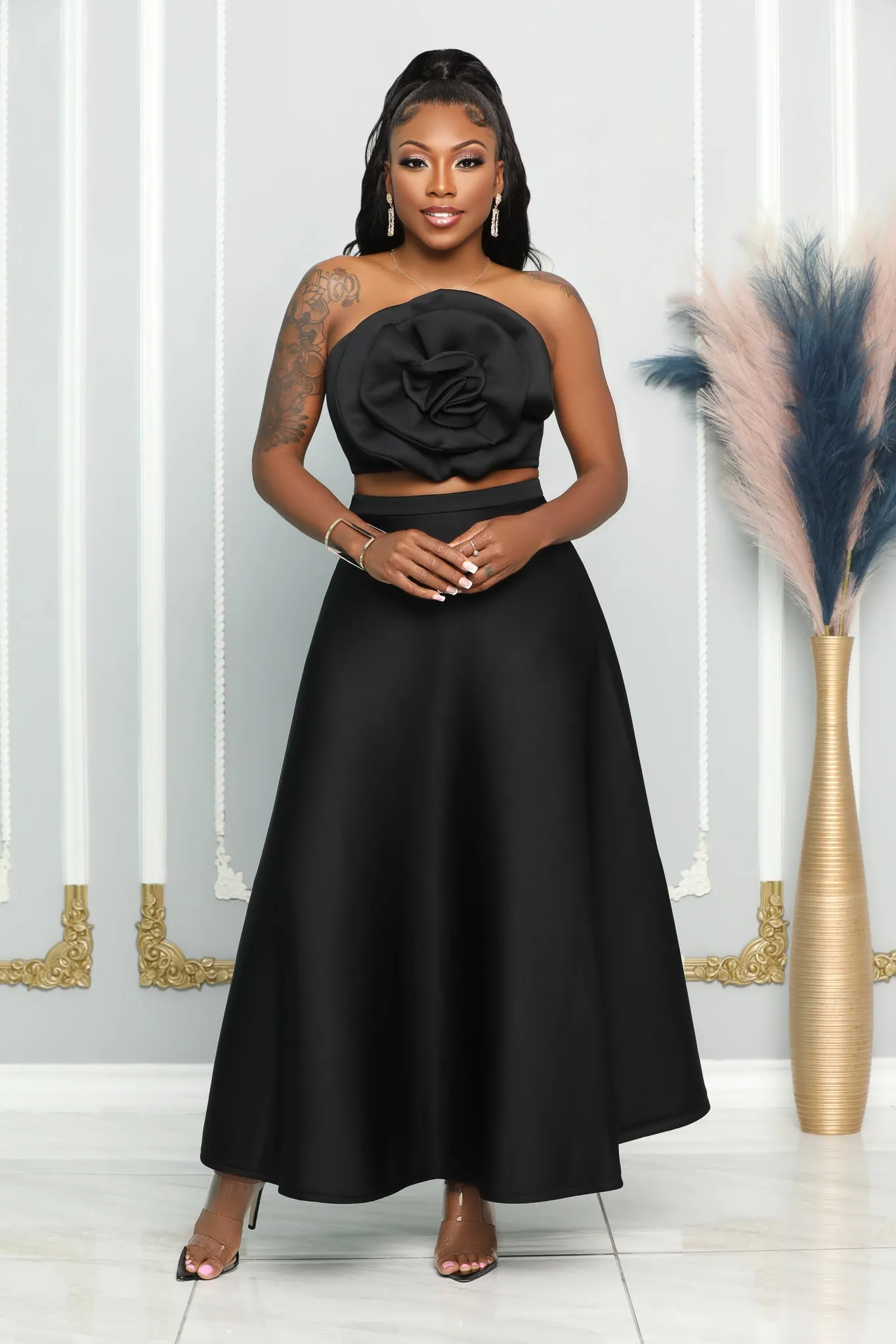 SOLID HIGH WAIST A-LINE FLARED MAXI SKIRT (BLACK)