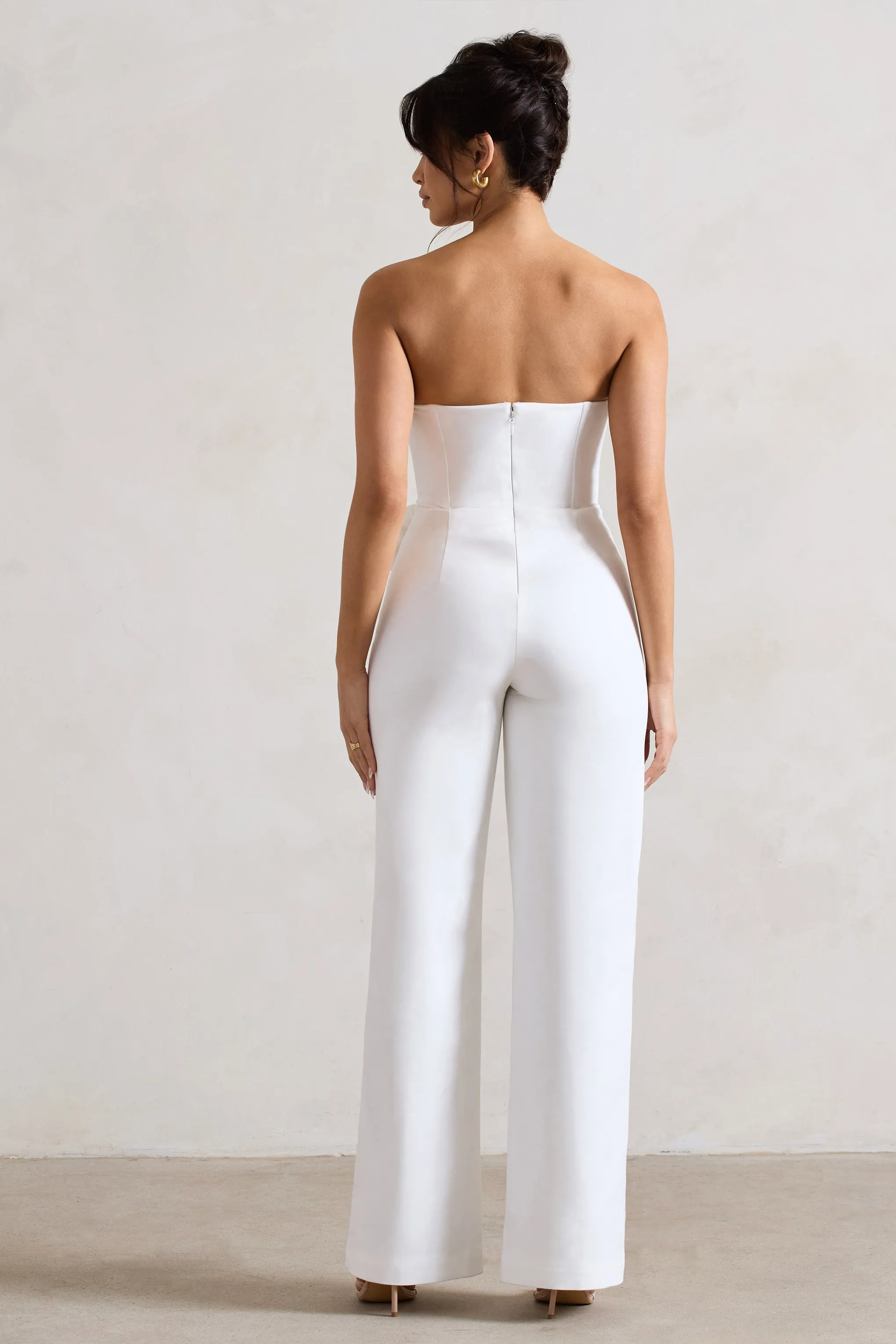 Sonia | White Sweetheart Corset Straight-Leg Jumpsuit With Flowers