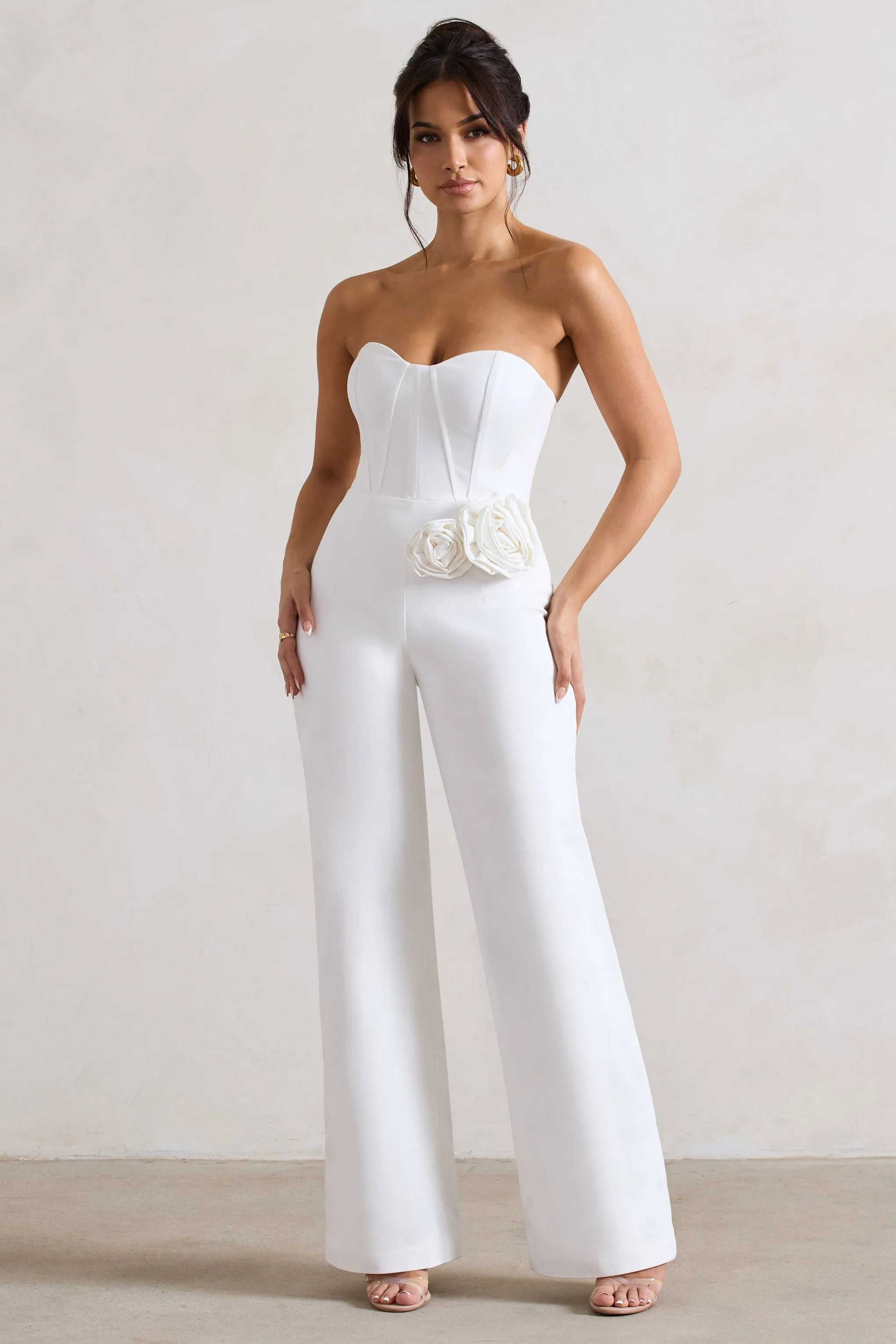 Sonia | White Sweetheart Corset Straight-Leg Jumpsuit With Flowers