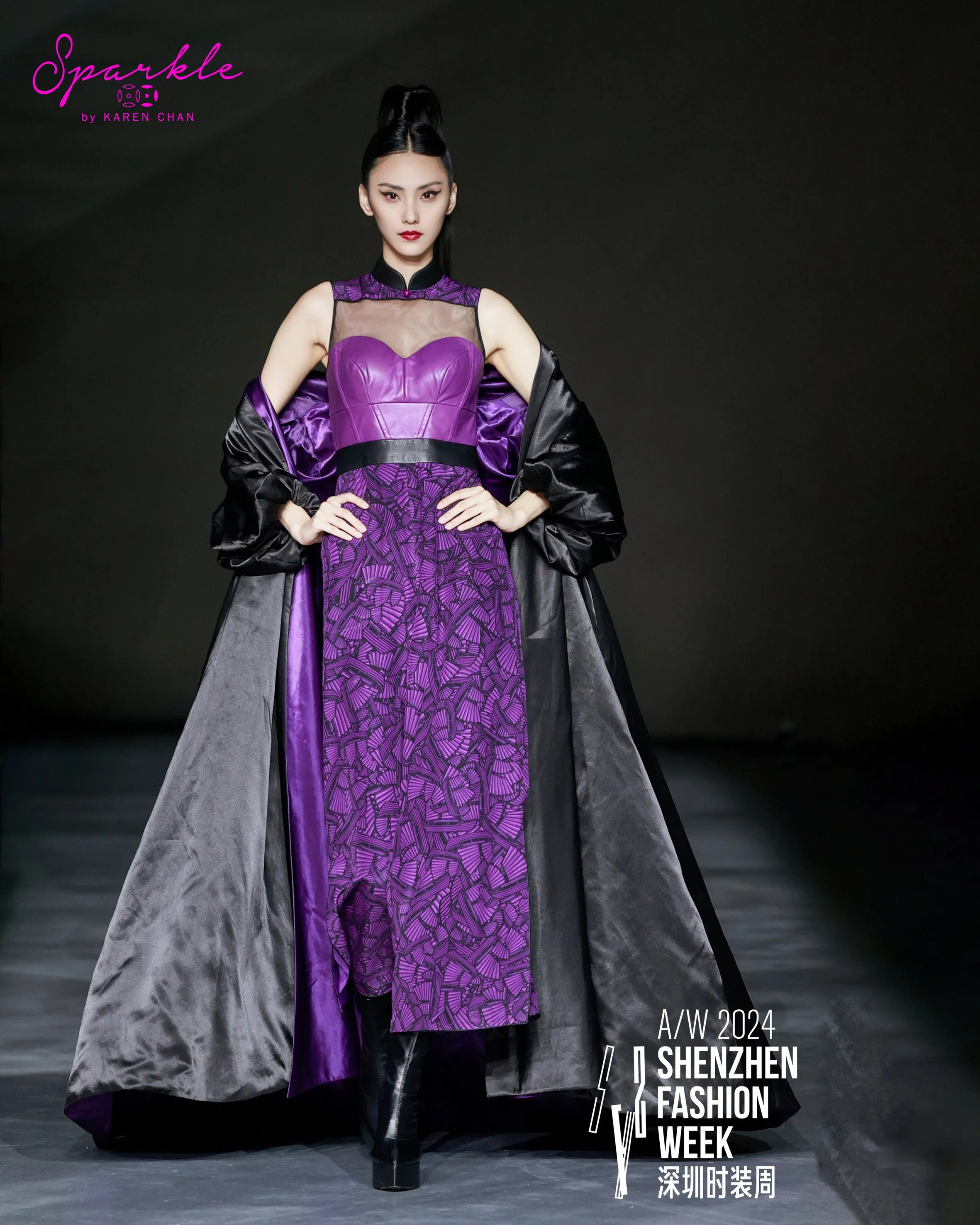 SPARKLE BY KAREN CHAN x  HK Heritage Museum【JUNK PARTY】100% Silk & Leather Black purple Cheongsam Jumpsuit (Sleeveless) (帆船)