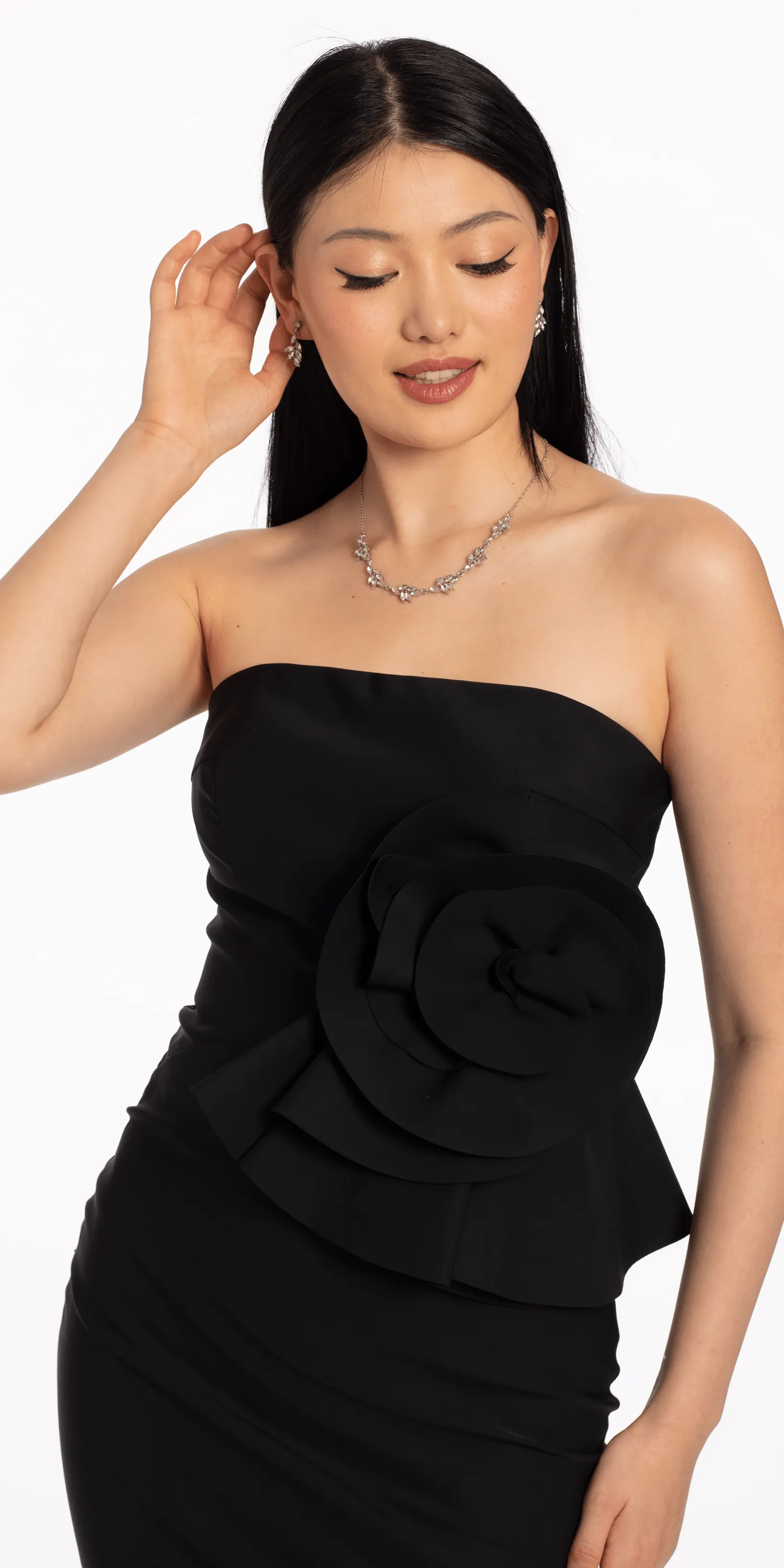 Strapless Midi Dress with Side Ruched Rose Detail