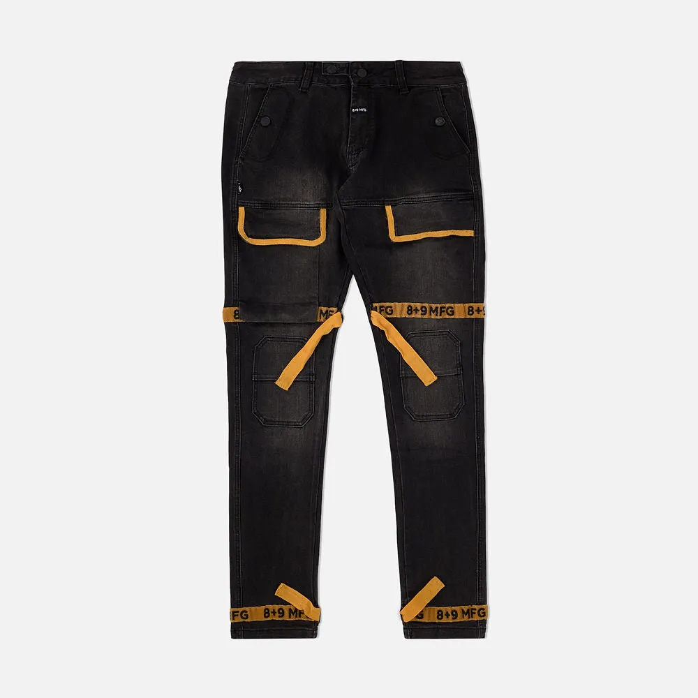 Strapped Up Slim Utility Jeans Black Denim Gold Straps