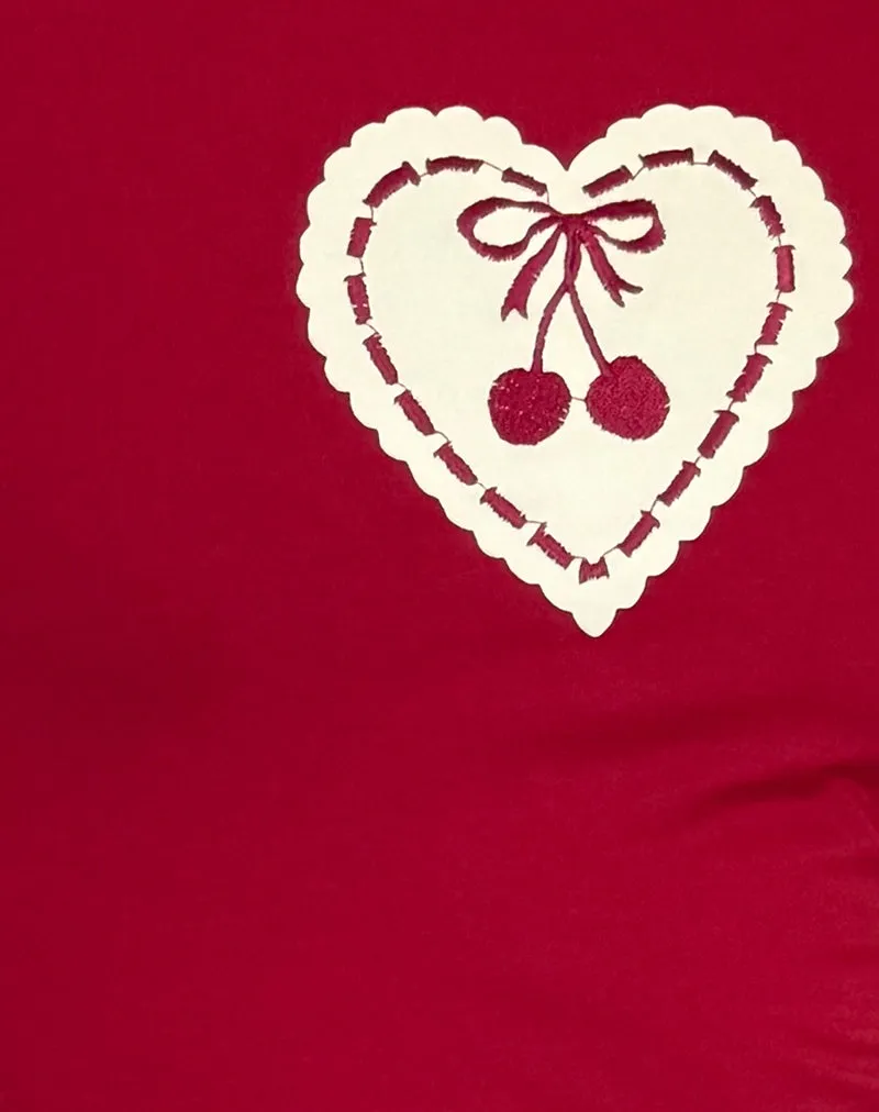 Sutin Baby Tee in Adrenaline Red with Embroidered Cherry Heart