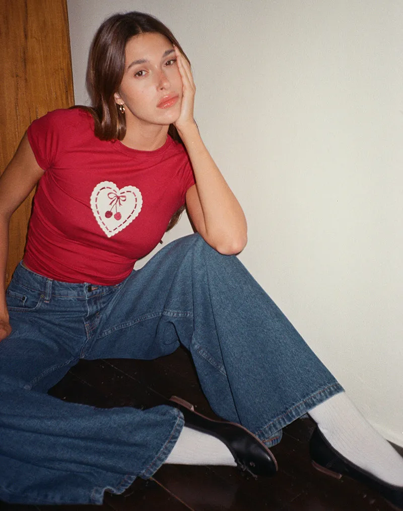 Sutin Baby Tee in Adrenaline Red with Embroidered Cherry Heart