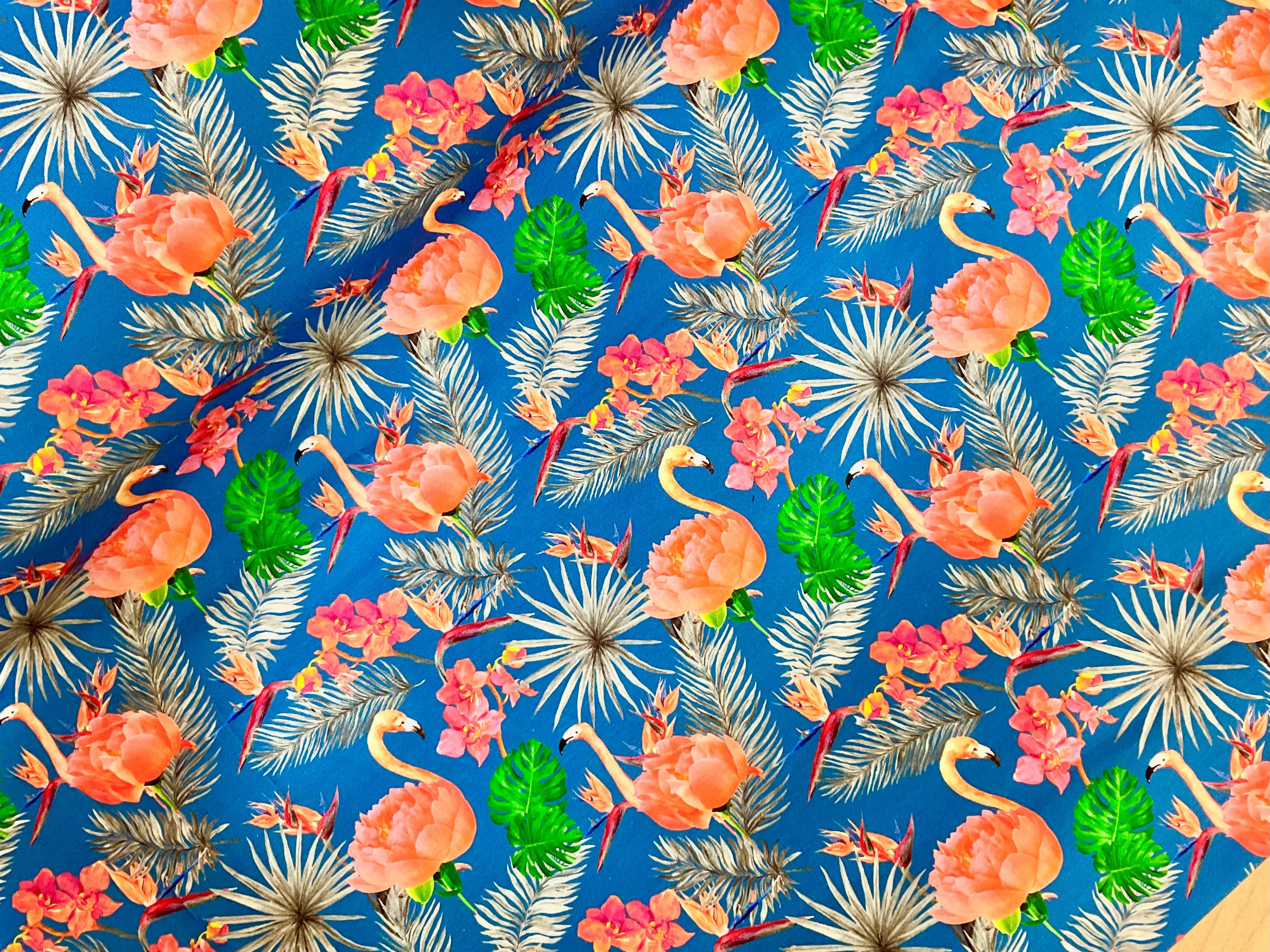 Tropical Flamingo on Blue Cotton Jersey Fabric