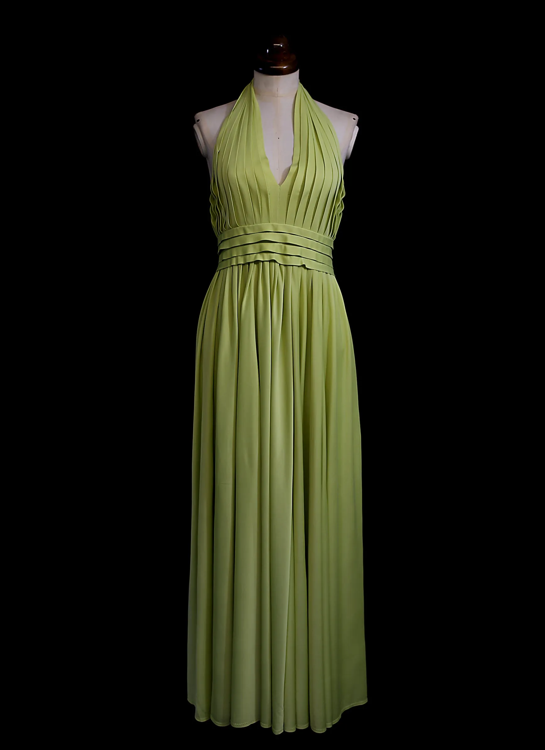 Vintage 1970s Lime Green Pleat Maxi Dress