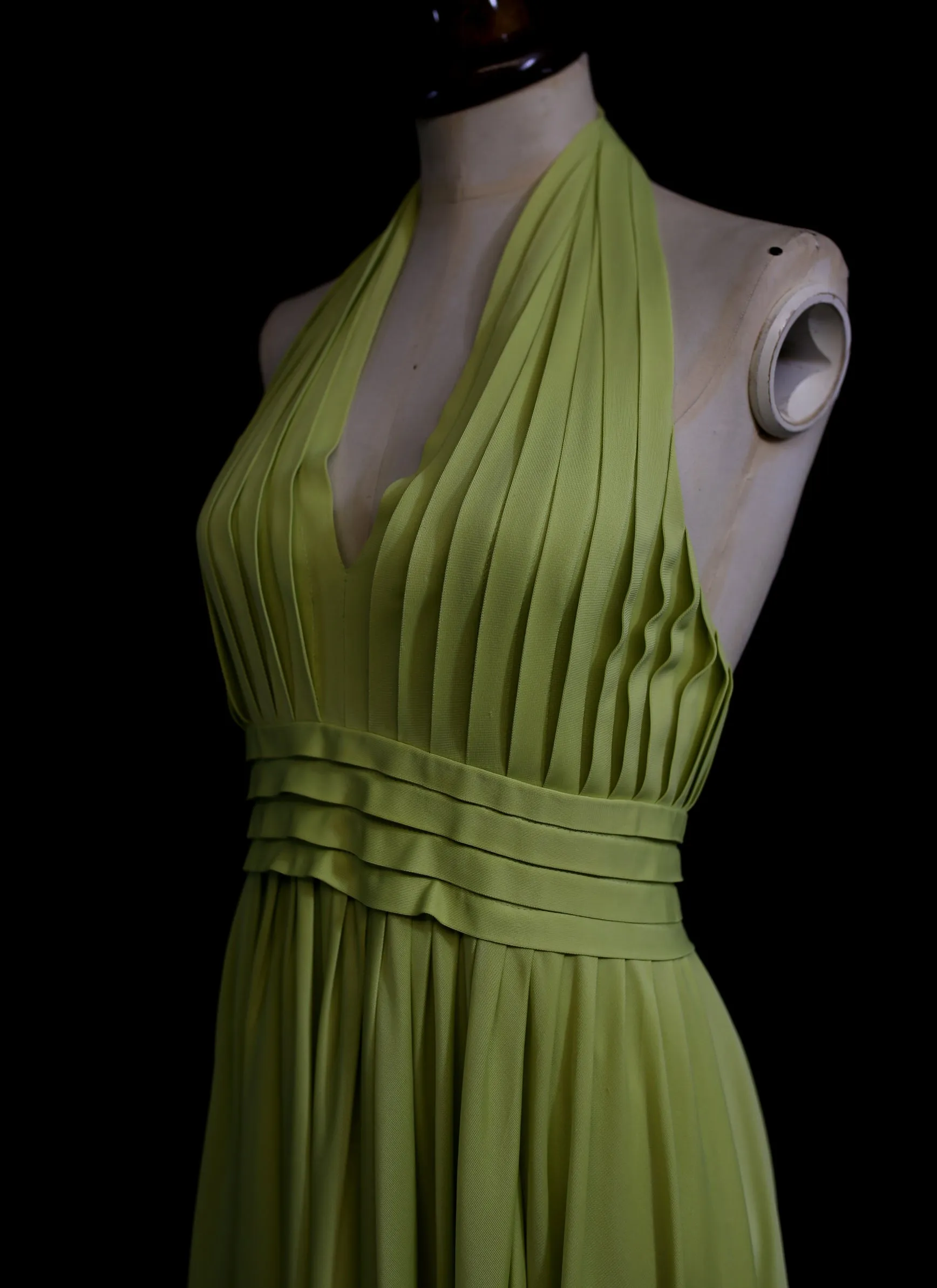 Vintage 1970s Lime Green Pleat Maxi Dress