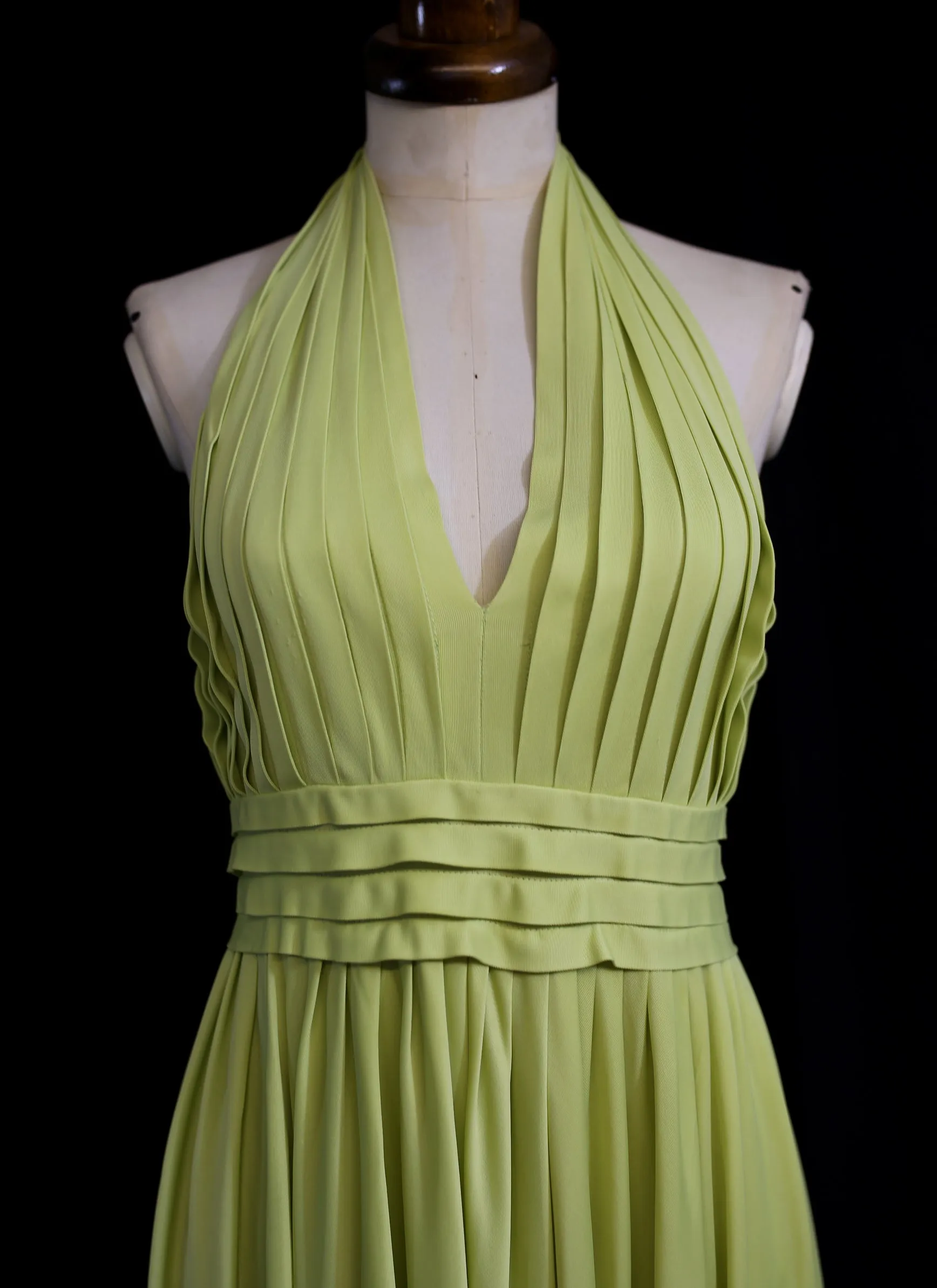 Vintage 1970s Lime Green Pleat Maxi Dress