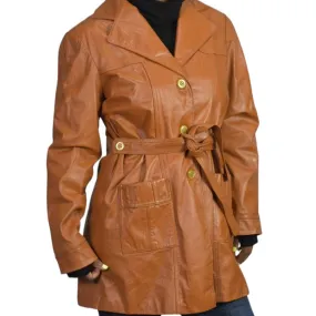 Vintage CJ Fashions Leather Jacket Brown Camel Trench Belted Lined Short 80s Size Large