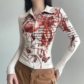 Vintage Graphic Printing Autumn Blouse Women Invisible Zipper Y2K Shirt Tops Turn-Down Collar Slim Blouses Aesthetic