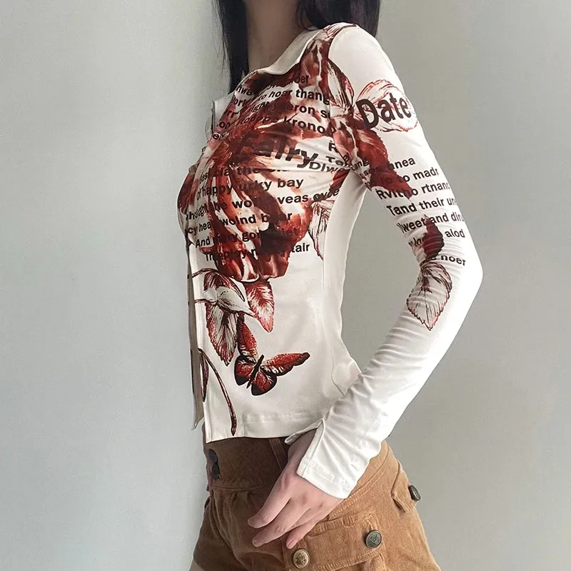 Vintage Graphic Printing Autumn Blouse Women Invisible Zipper Y2K Shirt Tops Turn-Down Collar Slim Blouses Aesthetic