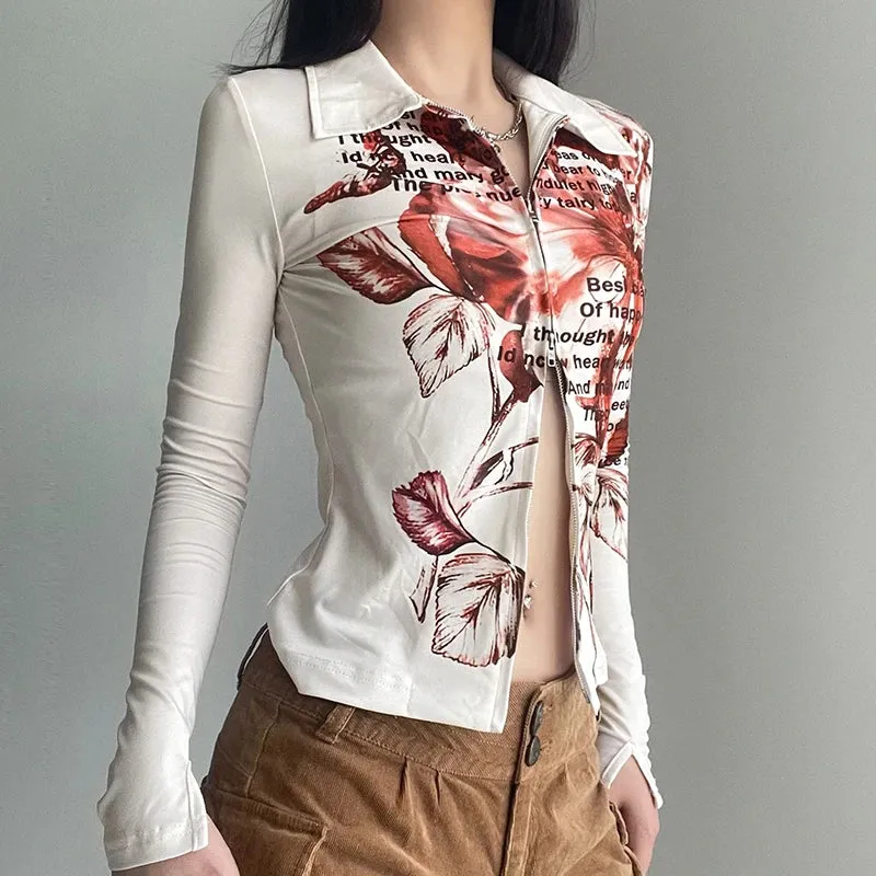 Vintage Graphic Printing Autumn Blouse Women Invisible Zipper Y2K Shirt Tops Turn-Down Collar Slim Blouses Aesthetic