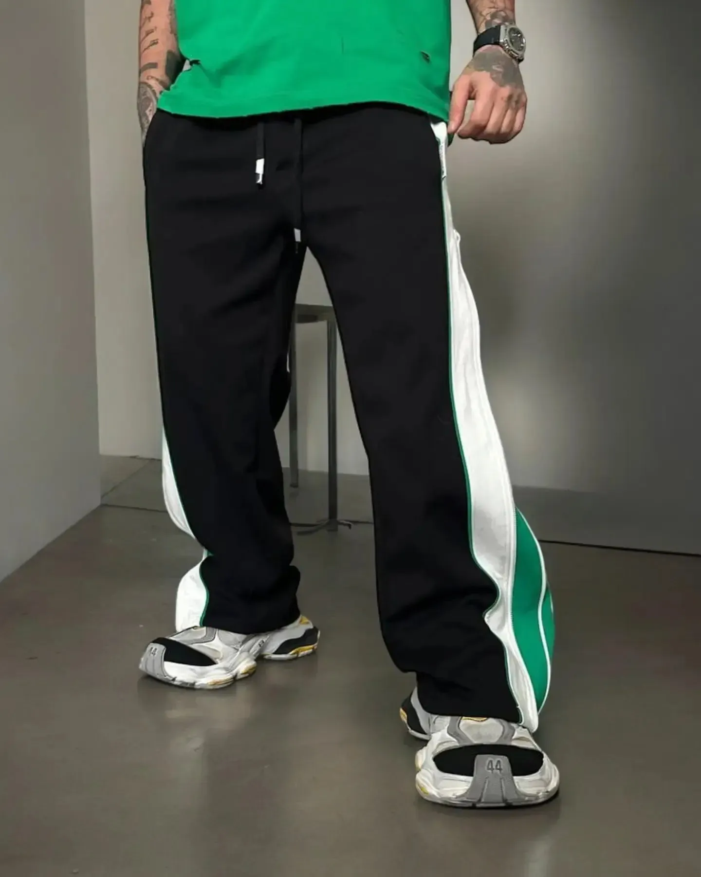 Vintage Retro Fashion Relax Fit Wide Leg With Double Zip Sweatpants Joggers For mens