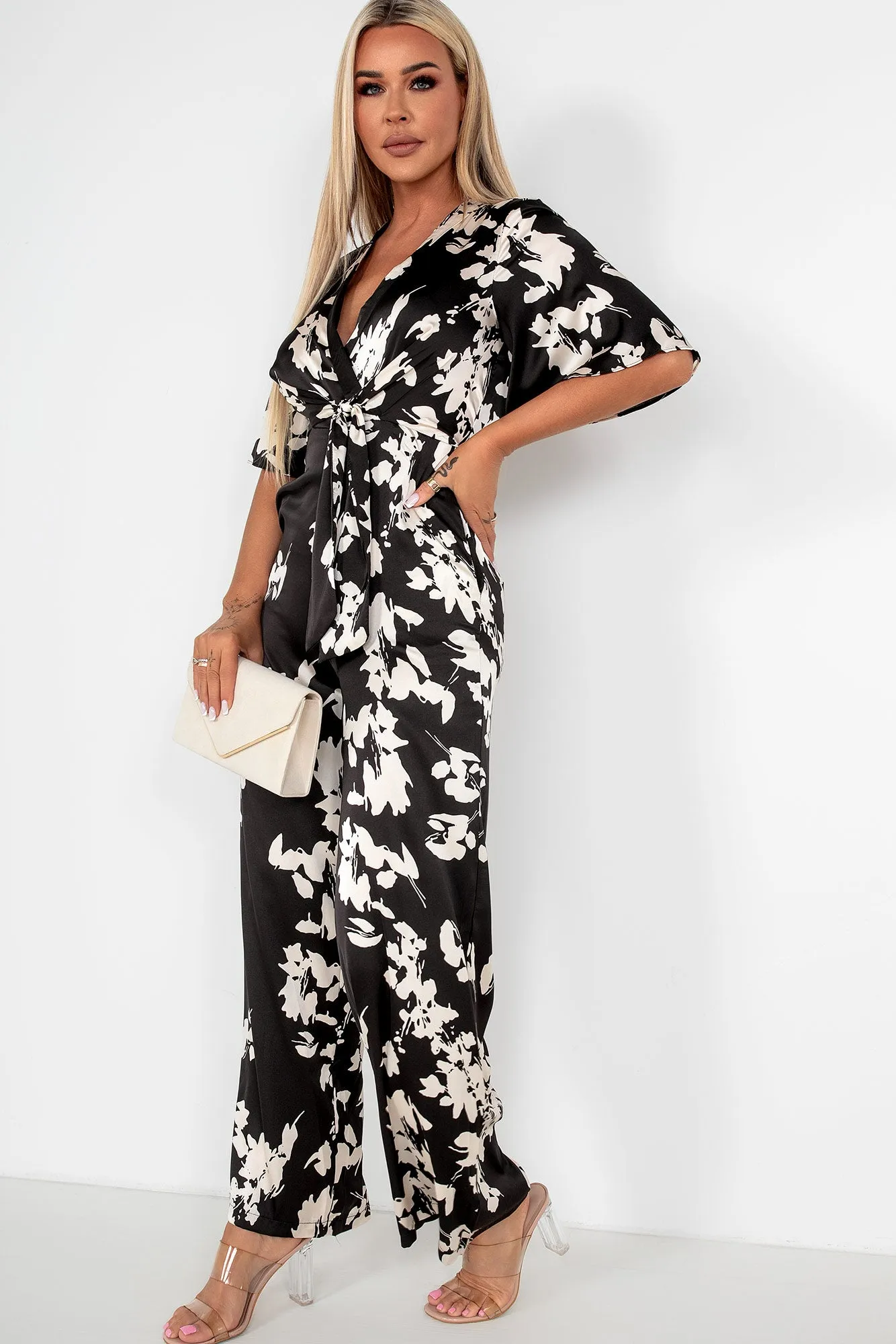 Viola Monochrome Satin Floral Jumpsuit