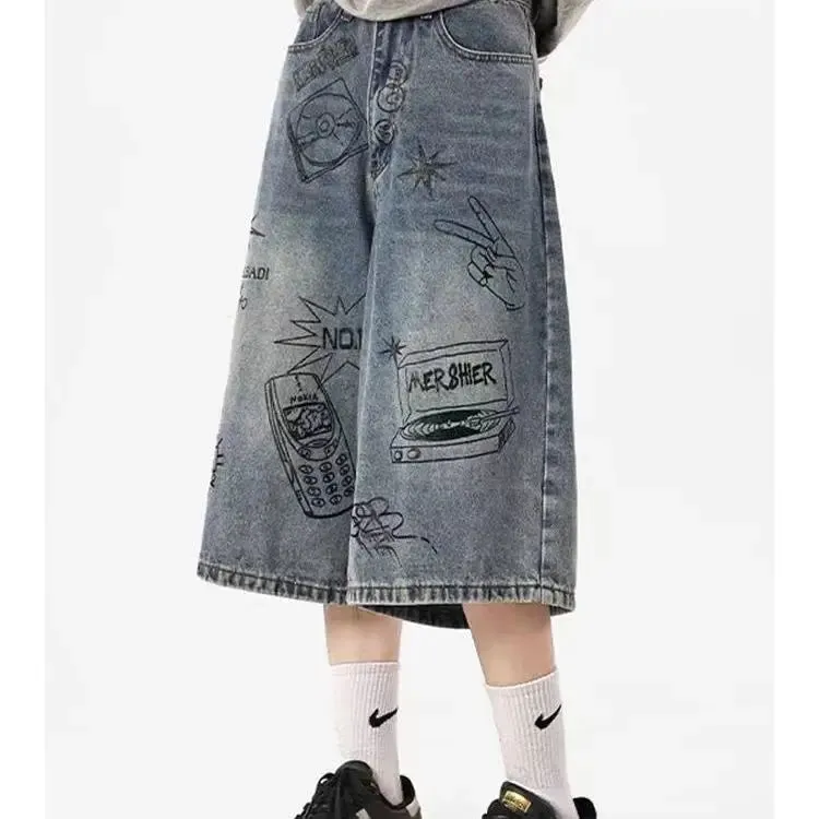 Wiaofellas  -  American retro cropped men wide leg jeans Y2k Gothic washed loose straight casual couple shorts sweatpants