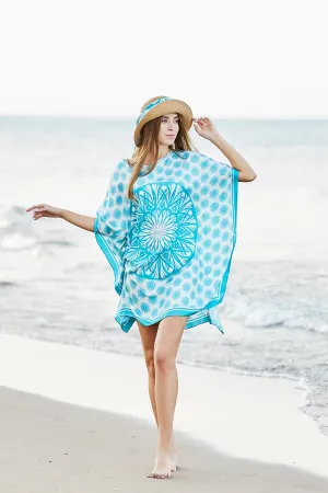 WISDOM Mandala 100% Silk Short Caftan in Turquoise White