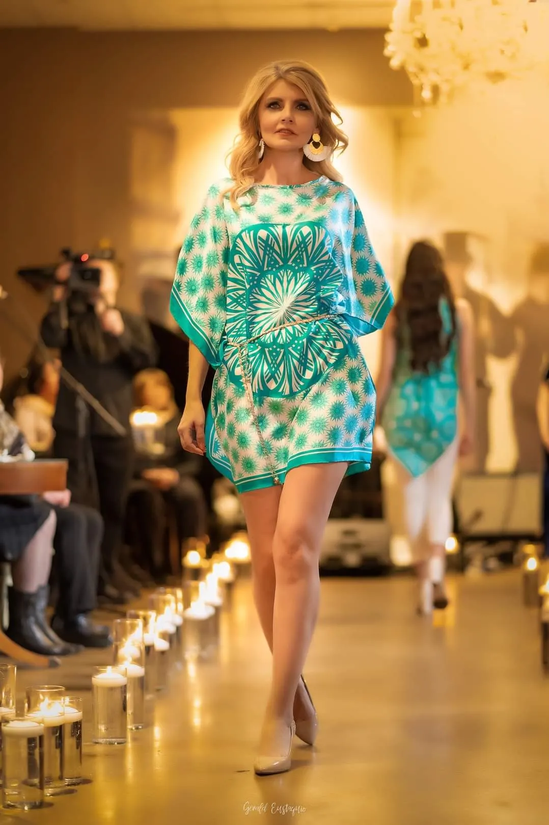 WISDOM Mandala 100% Silk Short Caftan in Turquoise White